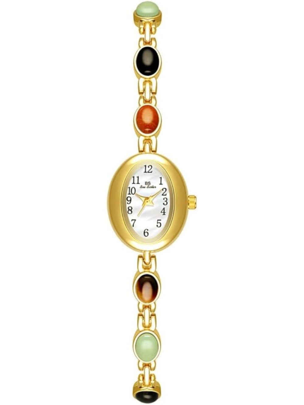 Luxury Vintage Gold Women's Watch with Jade Crystal, Dainty Silver Bracelet